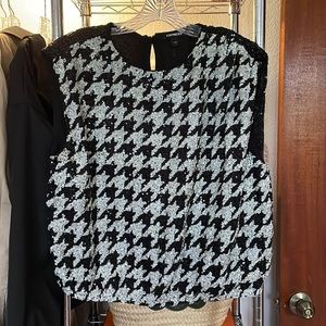 Express Houndstooth Sequined Top Blouse Black White L
